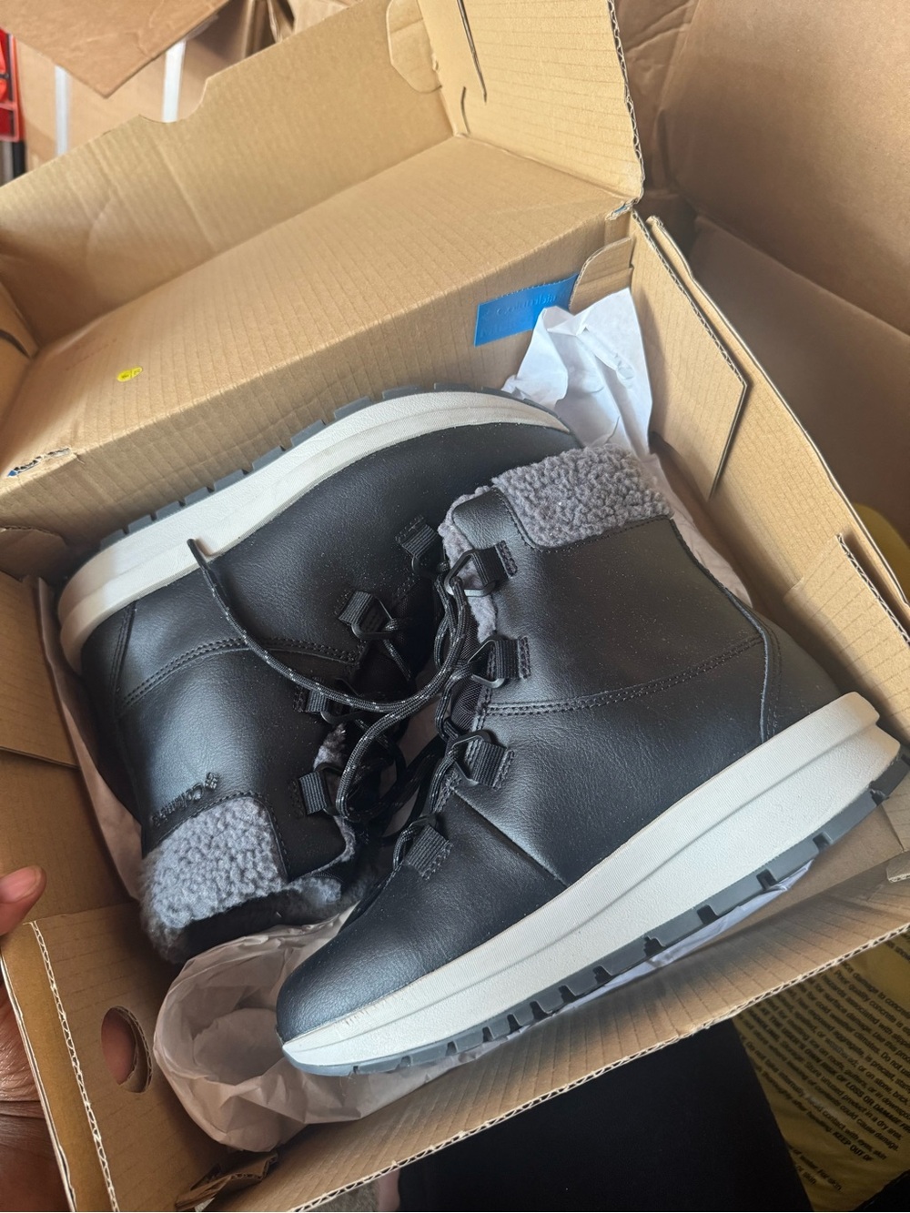Columbia Women's Black Winter Lace-Up Boots with Gray Sherpa Collar